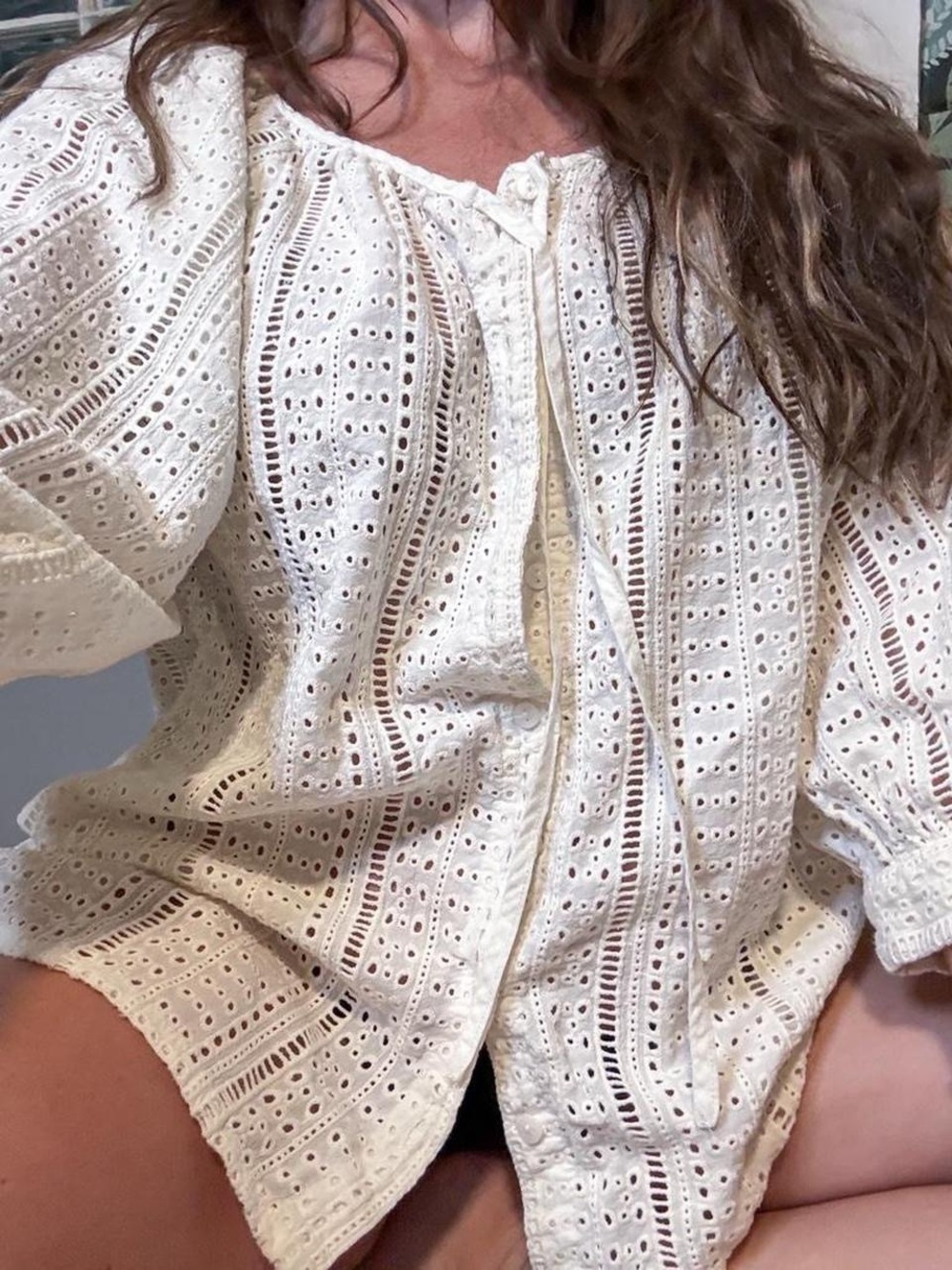 Cream Eyelet Lace Peasant Blouse | Boho Cottagecore Puff Sleeve Top